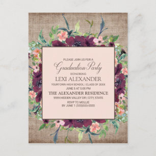 Rustic Burgundy Pink Floral Burlap Afstuderen Briefkaart