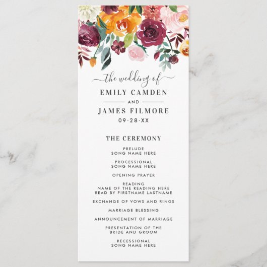 Rustic Burgundy Pink Herfst Floral Wedding Ceremon Programmakaart (Voorkant)