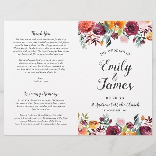 Rustic Burgundy Pink Herfst Floral Wedding Program (Voorkant)