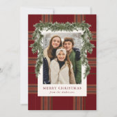 Rustic Burgundy Plaid Greenery Christmas Photo Feestdagenkaart (Voorkant)