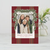 Rustic Burgundy Plaid Greenery Christmas Photo Feestdagenkaart (Staand voorkant)