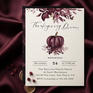 Rustic Burgundy Pompoen Thanksgiving-diner Kaart