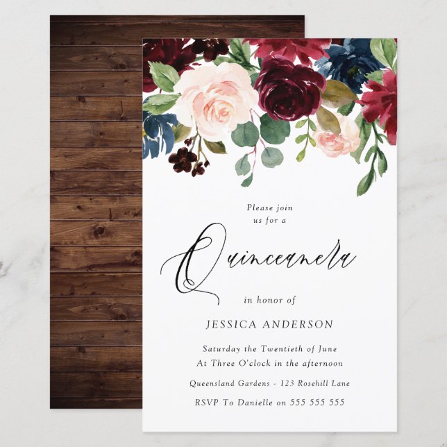 Rustic Burgundy Red Budget Quinceanera Uitnodiging (Voorkant / Achterkant)