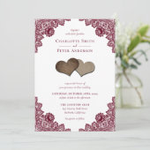 Rustic Burgundy Red Burlap en Lace Wedding Kaart (Staand voorkant)