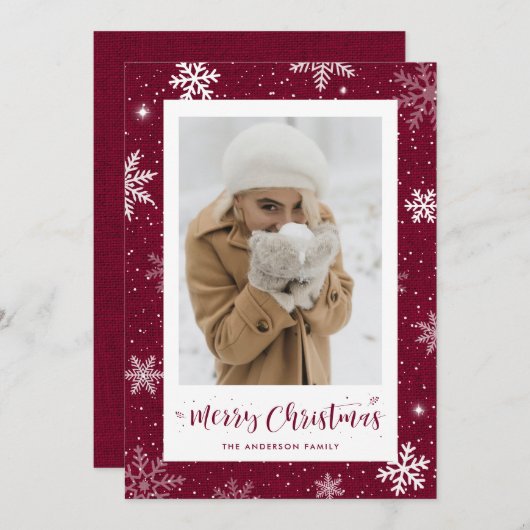 Rustic Burgundy Red Burlap - kerstkaarten Feestdagenkaart (Voorkant / Achterkant)