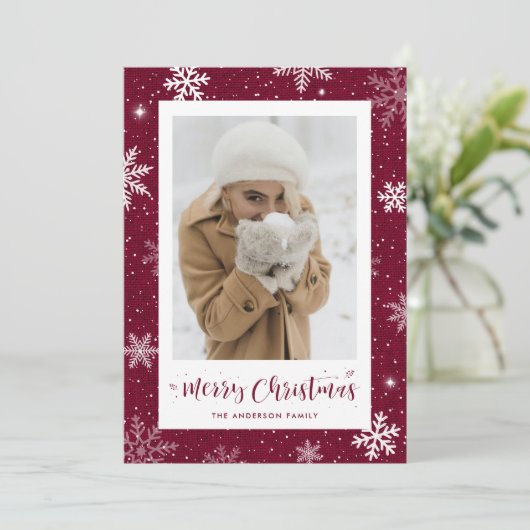 Rustic Burgundy Red Burlap - kerstkaarten Feestdagenkaart (Staand voorkant)