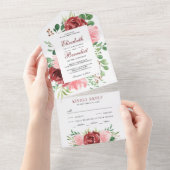 Rustic Burgundy Red en Blush Pink Floral Wedding All In One Uitnodiging (Afscheurbaar)