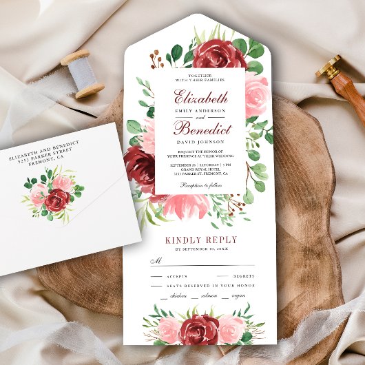 Rustic Burgundy Red en Blush Pink Floral Wedding All In One Uitnodiging
