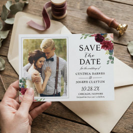 Rustic Burgundy Red Floral Classic Weduwfoto Save The Date