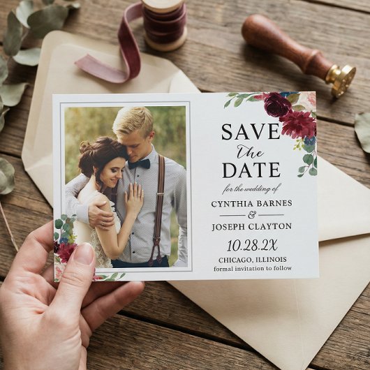 Rustic Burgundy Red Floral Classic Weduwfoto Save The Date
