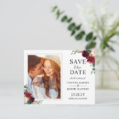 Rustic Burgundy Red Floral Foto Save the Date Briefkaart (Staand voorkant)