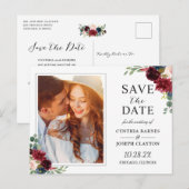 Rustic Burgundy Red Floral Foto Save the Date Briefkaart (Voorkant / Achterkant)
