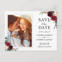 Rustic Burgundy Red Floral Foto Save the Date Briefkaart