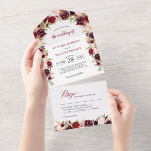 Rustic Burgundy Red Floral (geen ENV nodig) bruilo All In One Uitnodiging