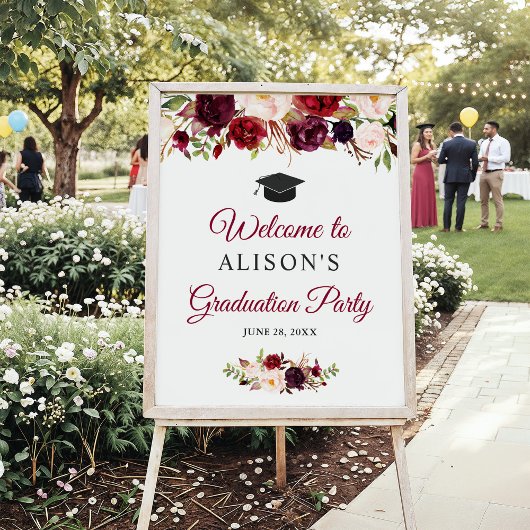 Rustic Burgundy Red Floral Gradual Party Sign Poster
