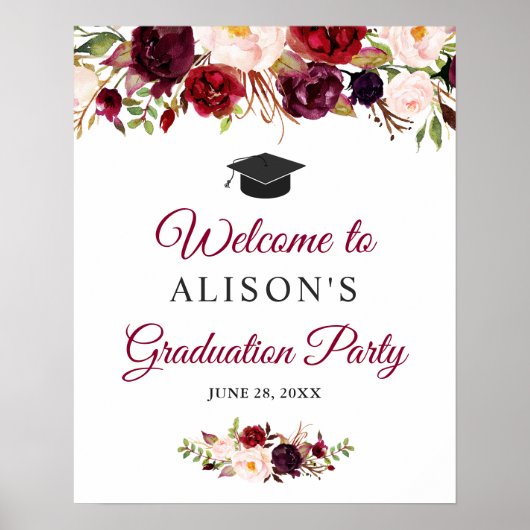 Rustic Burgundy Red Floral Gradual Party Sign Poster (Voorkant)