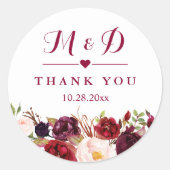 Rustic Burgundy Red Floral Monogram Wedding Favor Ronde Sticker (Voorkant)