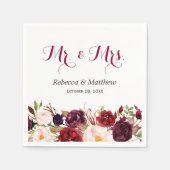 Rustic Burgundy Red Floral Mr. en Mrs Wedding Servet (Voorkant)