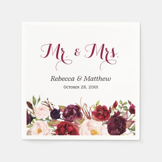 Rustic Burgundy Red Floral Mr. en Mrs Wedding Servet (Voorkant)
