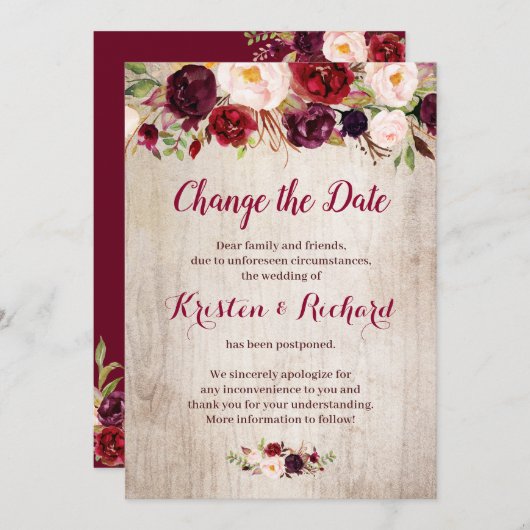 Rustic Burgundy Red Floral verander de Date Kaart (Voorkant / Achterkant)