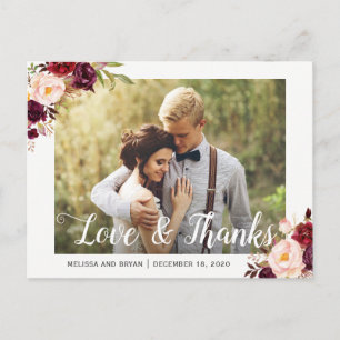 Rustic Burgundy Red Floral Weduwfoto Hartelijk dan Briefkaart