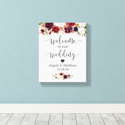 Rustic Burgundy Red Floral Welkom bruiloft Canvas Afdruk (Insitu (Houten vloer))