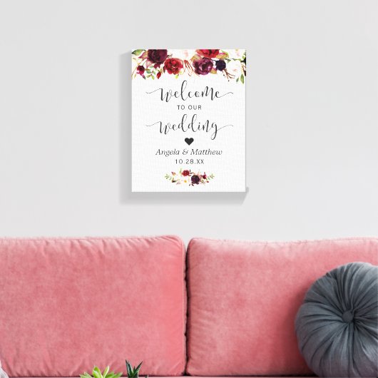 Rustic Burgundy Red Floral Welkom bruiloft Canvas Afdruk (Insitu (Woonkamer))