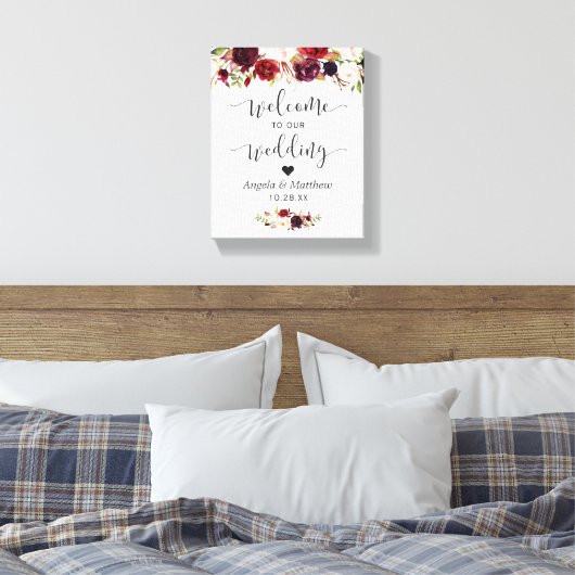 Rustic Burgundy Red Floral Welkom bruiloft Canvas Afdruk (Insitu (Slaapkamer))