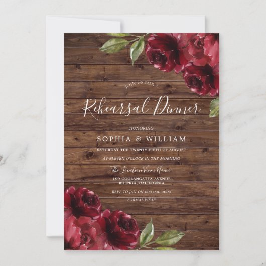 Rustic Burgundy Red Flowers Rehearsal Dinner Kaart (Voorkant)