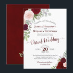 Rustic Burgundy Red & Pink Floral Virtual Wedding Kaart<br><div class="desc">Deze mooie virtuele huwelijksuitnodiging is ontworpen voor koppels die ervoor gekozen hebben om hun feestelijkheden online te vieren vanwege de pandemie of om het even welke andere reden. Het is voorzien van een roestachtig boho-chic-ontwerp met handbeschilderde waterverf rozen in tinten van wazige roze, diep rood en onbeschoft. De elegante bouquet...</div>