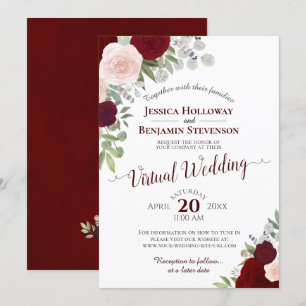 Rustic Burgundy Red & Pink Floral Virtual Wedding Kaart