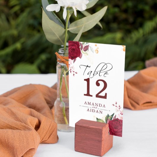 Rustic Burgundy Red Rose Floral Wedd  Table Number Kaart
