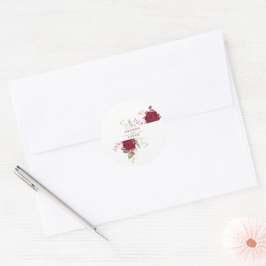 Rustic Burgundy Red Rose Floral Wedding Ronde Sticker (Envelop)