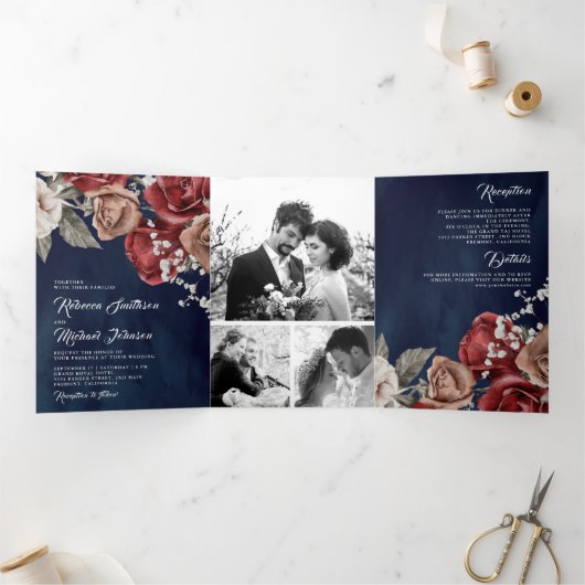 Rustic Burgundy Red Roses Navy Blue Photo Weddensc Drieluik Uitnodiging (Binnen)
