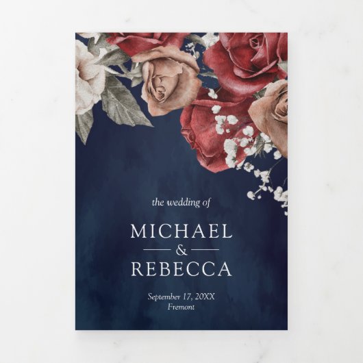 Rustic Burgundy Red Roses Navy Blue Photo Weddensc Drieluik Uitnodiging (Cover)