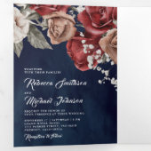 Rustic Burgundy Red Roses Navy Blue Photo Weddensc Drieluik Uitnodiging (Binnenzijde eerst)