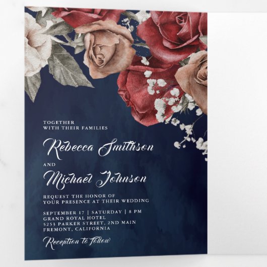 Rustic Burgundy Red Roses Navy Blue Photo Weddensc Drieluik Uitnodiging (Binnenzijde eerst)