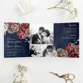 Rustic Burgundy Red Roses Navy Blue Photo Weddensc Drieluik Uitnodiging