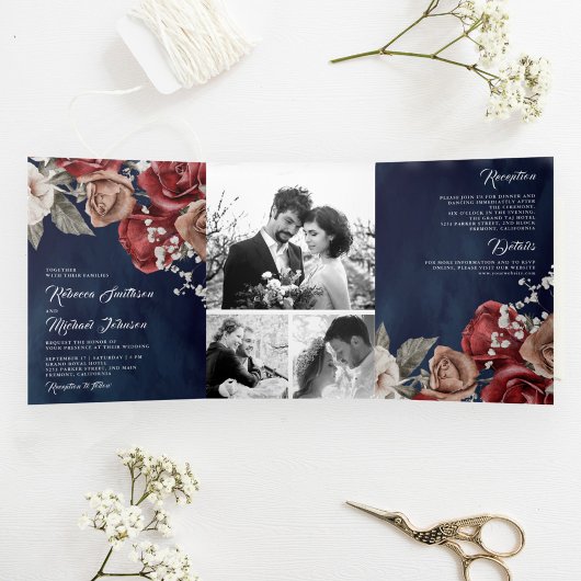 Rustic Burgundy Red Roses Navy Blue Photo Weddensc Drieluik Uitnodiging
