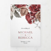 Rustic Burgundy Red Roses Photo Collage Wedding Drieluik Uitnodiging (Cover)