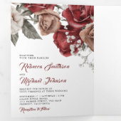Rustic Burgundy Red Roses Photo Collage Wedding Drieluik Uitnodiging (Binnenzijde eerst)