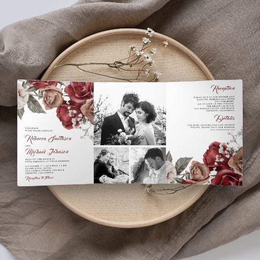 Rustic Burgundy Red Roses Photo Collage Wedding Drieluik Uitnodiging
