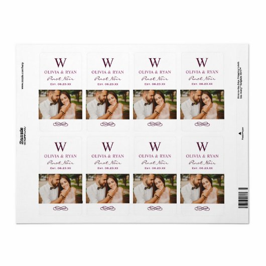 Rustic Burgundy Red Wedding Monogram Wine Foto Etiket (Full Sheet)