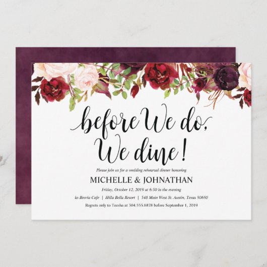 Rustic Burgundy Rehearsal Wedding Dinner Invite Kaart (Voorkant / Achterkant)