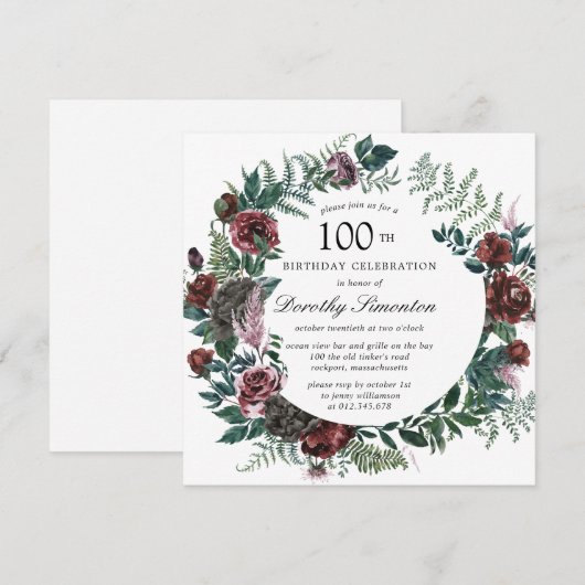 Rustic Burgundy Roos Floral 100th Birthday Kaart (Voorkant / Achterkant)