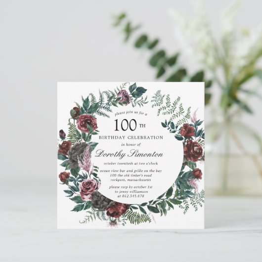 Rustic Burgundy Roos Floral 100th Birthday Kaart (Staand voorkant)