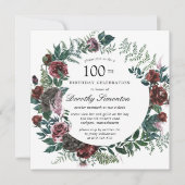 Rustic Burgundy Roos Floral 100th Birthday Kaart (Voorkant)