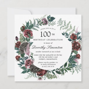 Rustic Burgundy Roos Floral 100th Birthday Kaart