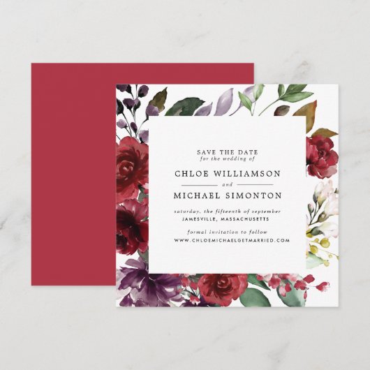 Rustic Burgundy Roos Floral Save the Date Kaart (Voorkant / Achterkant)