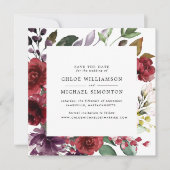 Rustic Burgundy Roos Floral Save the Date Kaart (Voorkant)
